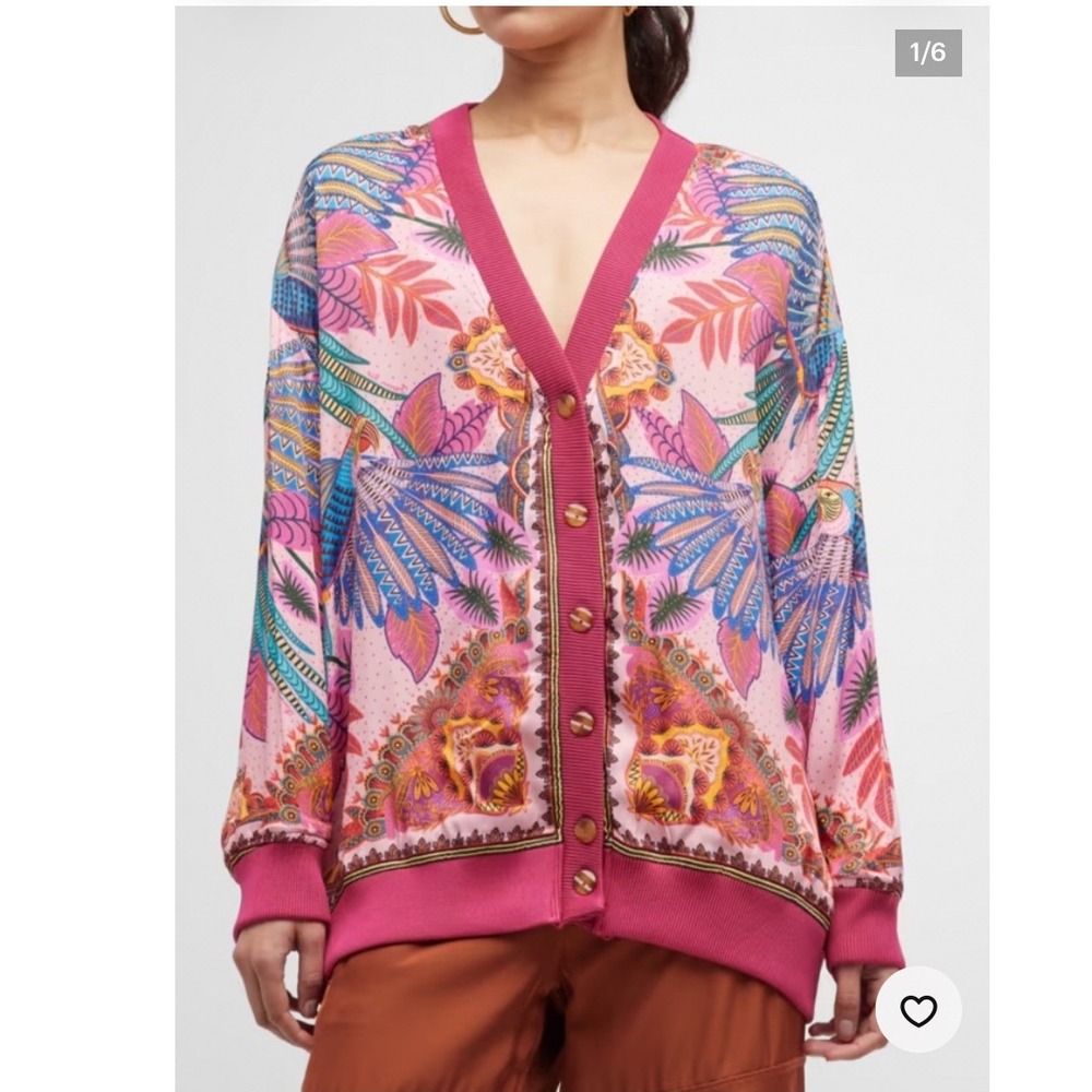 Farm Rio Tropical Macaw Scarf Pink Print Button Front Cardigan Size Medium Boho